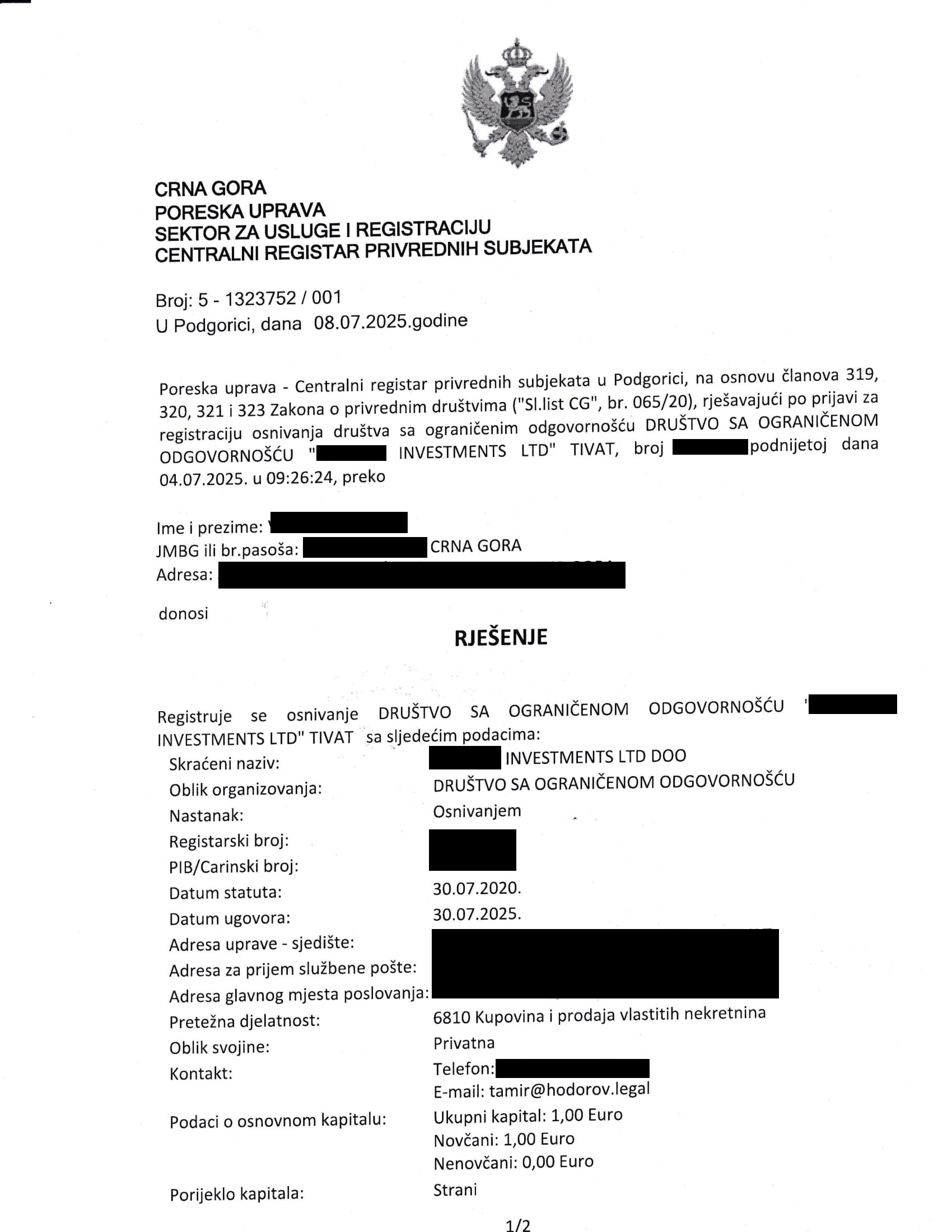montenegro certificate of incorporation